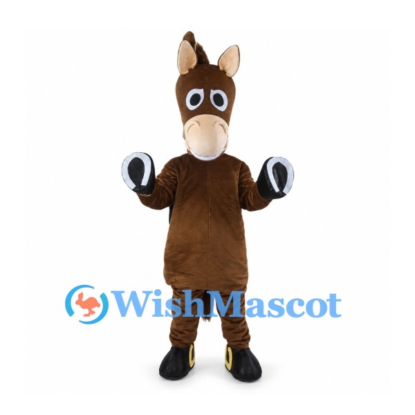 Brown Horse Mascot Costume with Black Knight Armor and Hoof Gloves