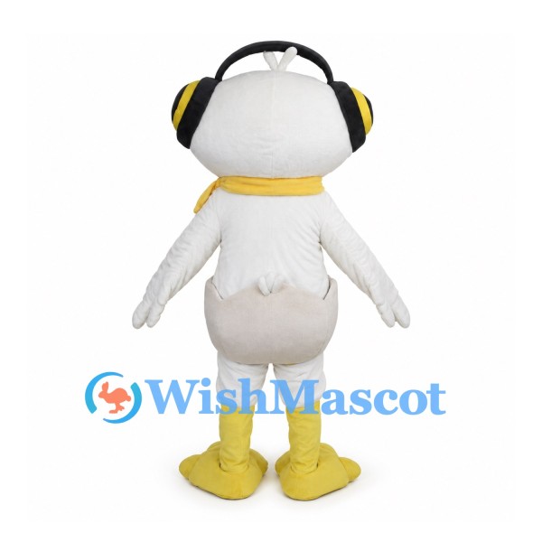 White Seagull Mascot Costume with Black Headphones and Yellow Scarf