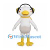 White Seagull Mascot Costume with Black Headphones and Yellow Scarf