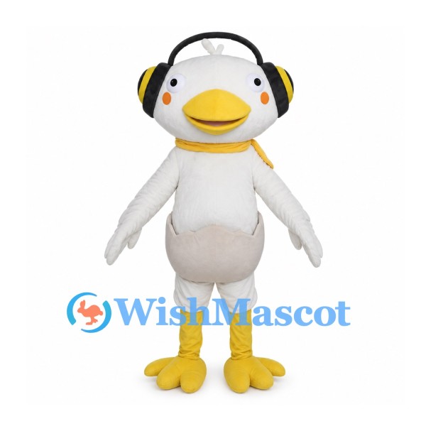 White Seagull Mascot Costume with Black Headphones and Yellow Scarf