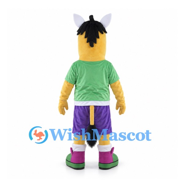 Horse Mascot Costume with Green Shirt and Purple Shorts