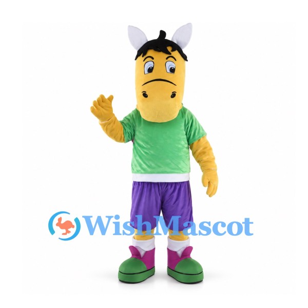 Horse Mascot Costume with Green Shirt and Purple Shorts