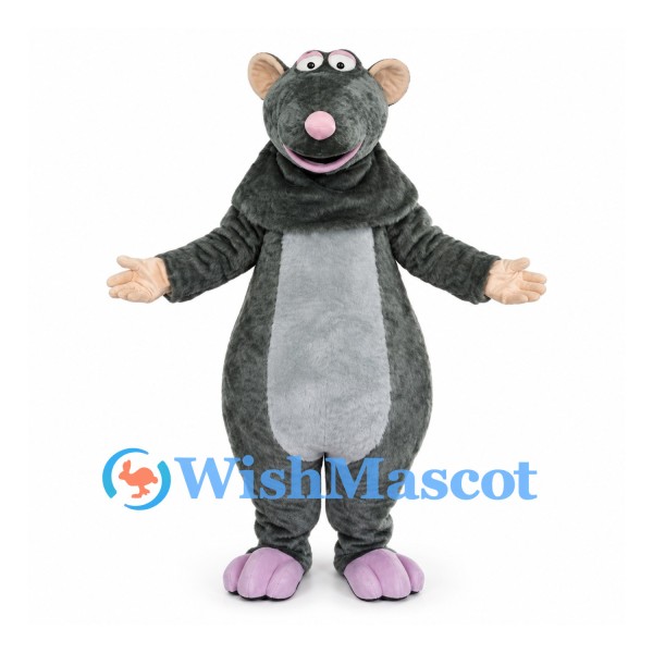 Gray Rat Mascot Costume with Pink Nose and Long Pink Tail