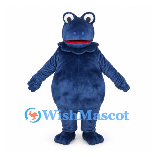 Blue Frog Mascot Costume with Rounded Belly and Red Mouth
