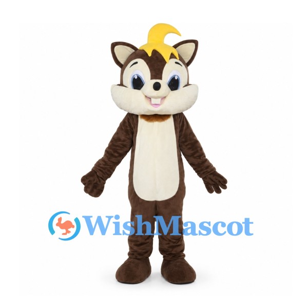 Brown Squirrel Mascot Costume with Yellow Hair Tuft and Bushy Tail