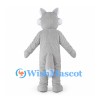 Gray Wolf Mascot Costume with Blue Eyes and Open Fanged Mouth