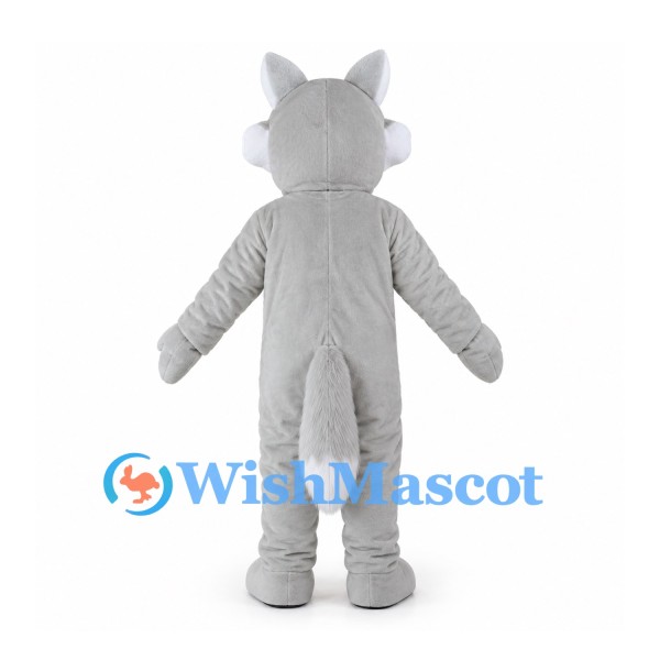 Gray Wolf Mascot Costume with Blue Eyes and Open Fanged Mouth