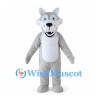 Gray Wolf Mascot Costume with Blue Eyes and Open Fanged Mouth