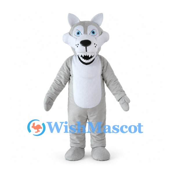Gray Wolf Mascot Costume with Blue Eyes and Open Fanged Mouth