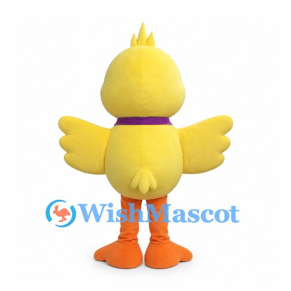 Yellow Duck Mascot Costume with Large Purple Bow Tie