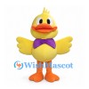 Yellow Duck Mascot Costume with Large Purple Bow Tie