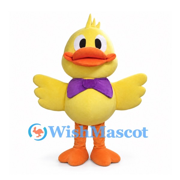 Yellow Duck Mascot Costume with Large Purple Bow Tie