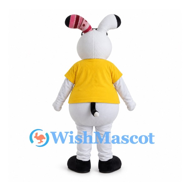 White Dog Mascot Costume with Yellow Shirt and Pink Striped Ear