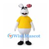 White Dog Mascot Costume with Yellow Shirt and Pink Striped Ear