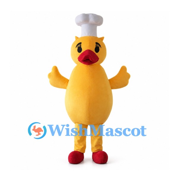Yellow Duck Mascot Costume with White Chef Hat and Red Feet