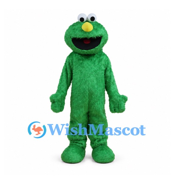 Green Furry Monster Mascot Costume with Yellow Nose and Big Smile