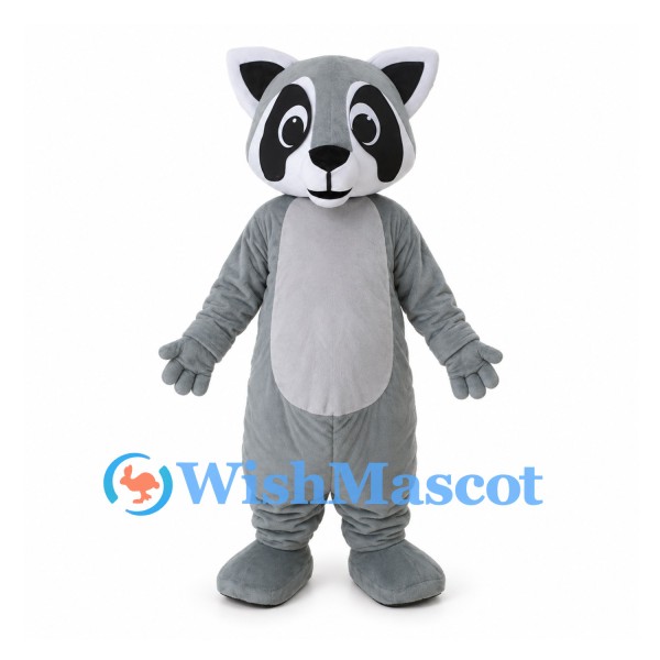 Gray Raccoon Mascot Costume with White Belly and Striped Tail