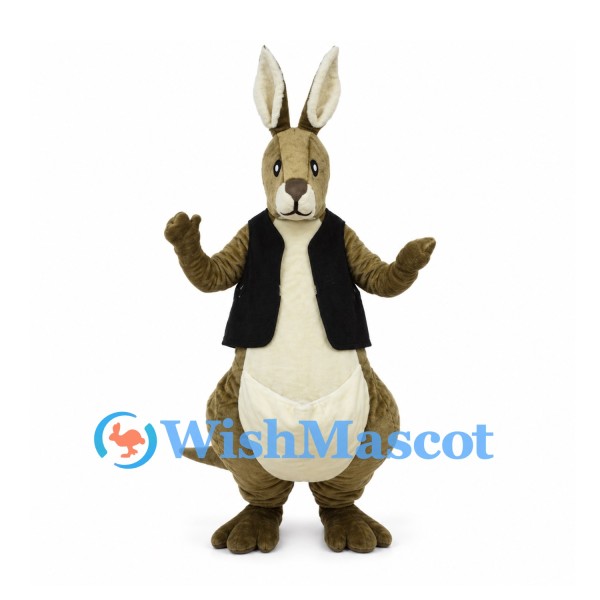 Kangaroo Mascot Costume with Black Vest and Cream Pouch