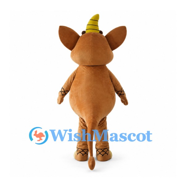 Brown Horned Monster Mascot Costume with Large Ears and Yellow Horn