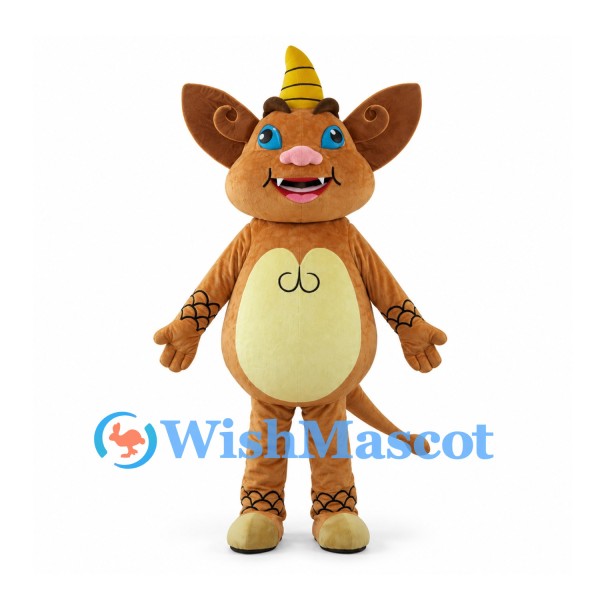 Brown Horned Monster Mascot Costume with Large Ears and Yellow Horn