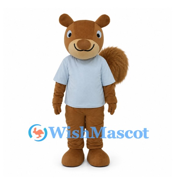 Brown Squirrel Mascot Costume with Light Blue Shirt and Fluffy Tail