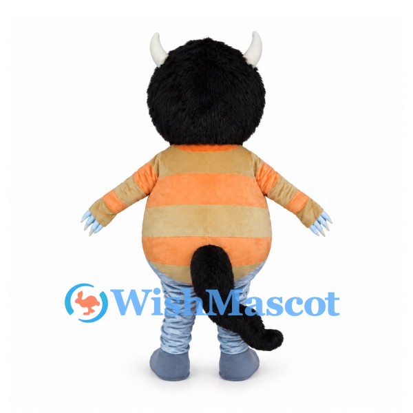 Horned Monster Mascot Costume with Orange Striped Body and Blue Legs