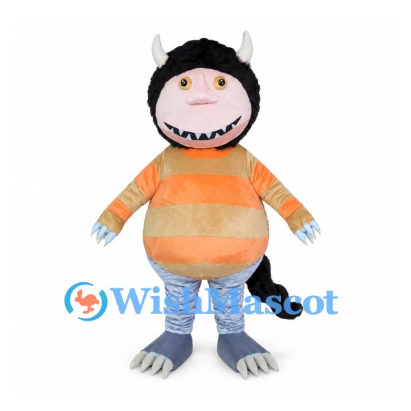 Horned Monster Mascot Costume with Orange Striped Body and Blue Legs