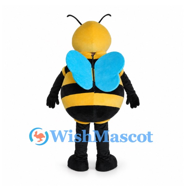 Bee Mascot Costume with Blue Wings and Rounded Striped Body