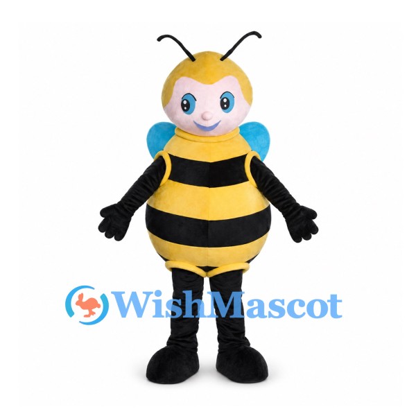 Bee Mascot Costume with Blue Wings and Rounded Striped Body