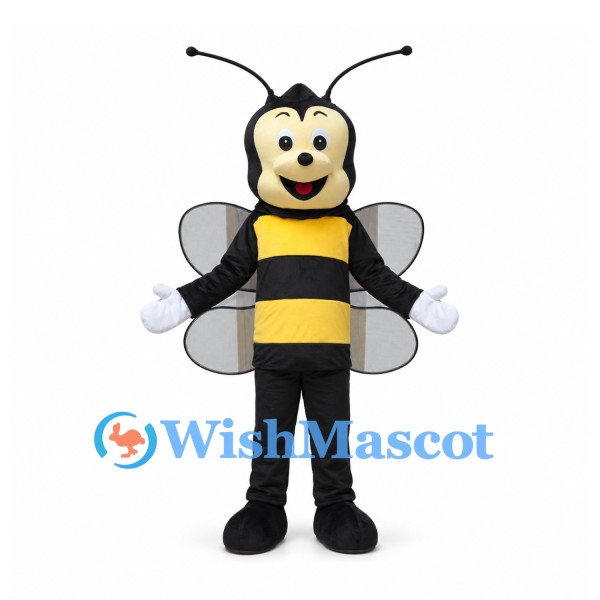 Bee Mascot Costume with Black Antennae and Clear Gray Wings