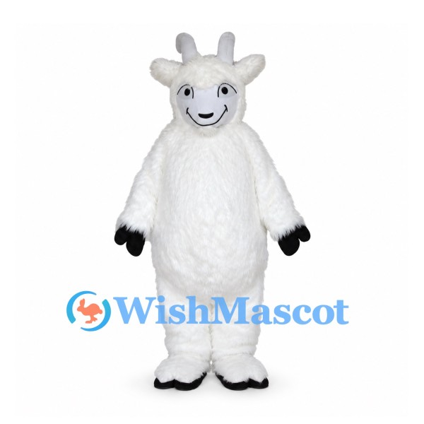 White Goat Mascot Costume with Short Horns and Black Hooves