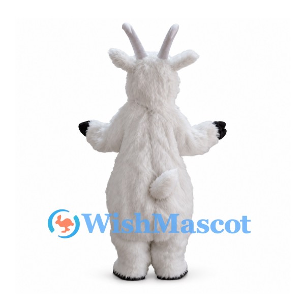 White Goat Mascot Costume with Long Gray Horns and Black Hooves