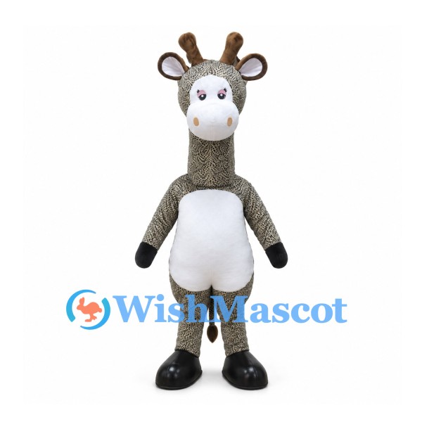 Gray Giraffe Mascot Costume with White Belly and Brown Horns