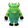 Green Monster Mascot Costume with Striped Horns and Overalls