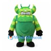 Green Monster Mascot Costume with Striped Horns and Overalls