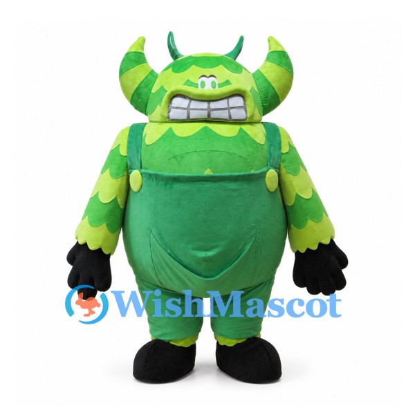 Green Monster Mascot Costume with Striped Horns and Overalls