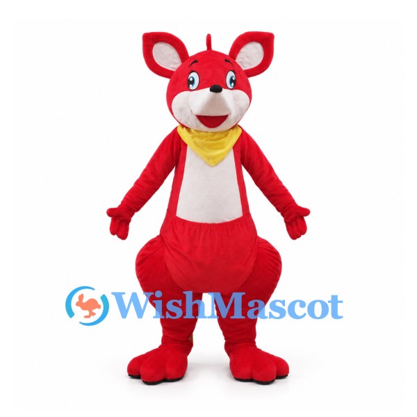 Red Kangaroo Mascot Costume with Yellow Bandana and Long Tail