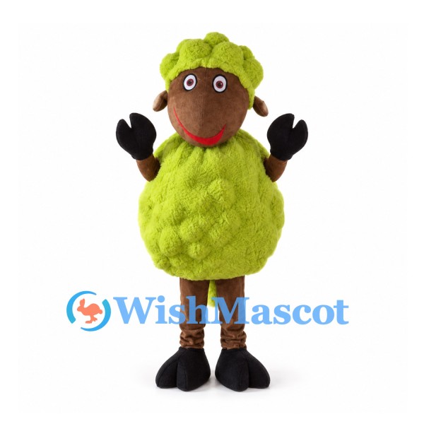 Green Sheep Mascot Costume with Brown Face and Black Hooves
