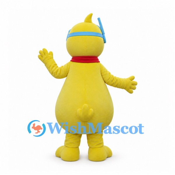 Yellow Duck Mascot Costume with Blue Diving Mask and Red Scarf