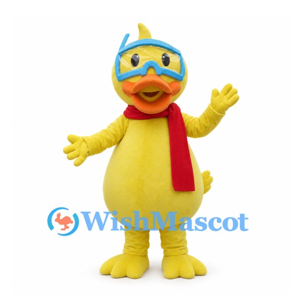 Yellow Duck Mascot Costume with Blue Diving Mask and Red Scarf