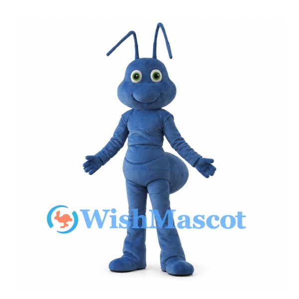 Blue Ant Mascot Costume with Long Antennae and Green Eyes