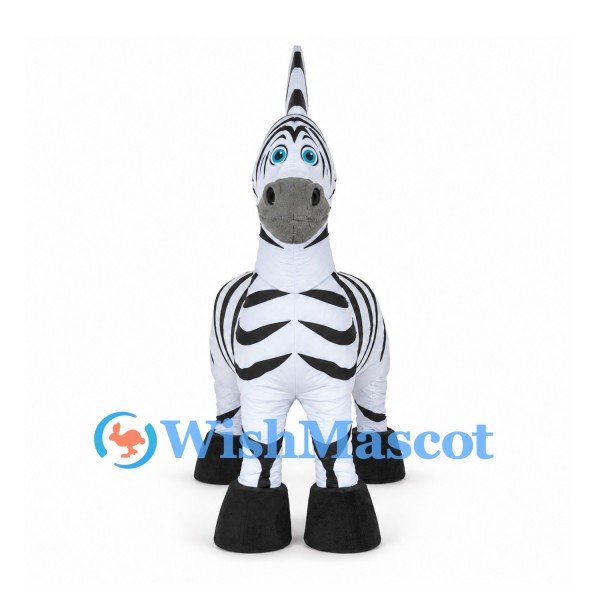 Zebra Mascot Costume with Blue Eyes and Tall Black Mane