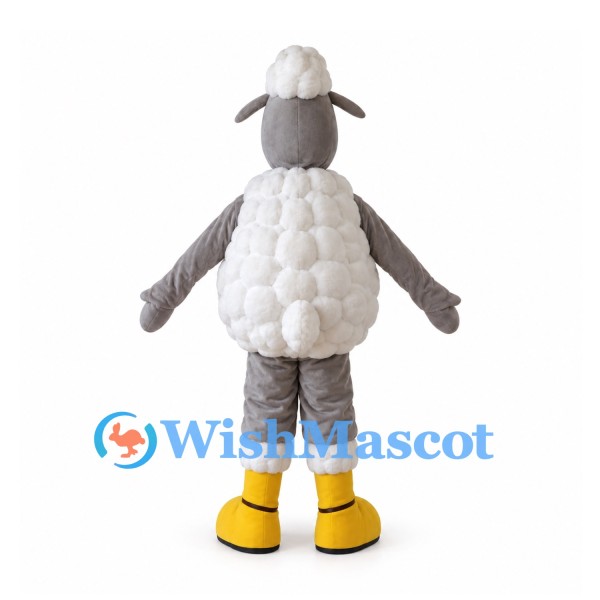 Gray Sheep Mascot Costume with White Fleece Tufts and Yellow Shoes