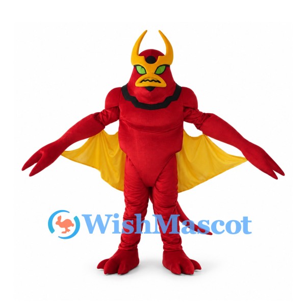 Red Dragon Mascot Costume with Yellow Wings and Horns