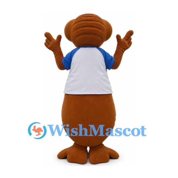 Brown Alien Mascot Costume with Blue Eyes and White Shirt