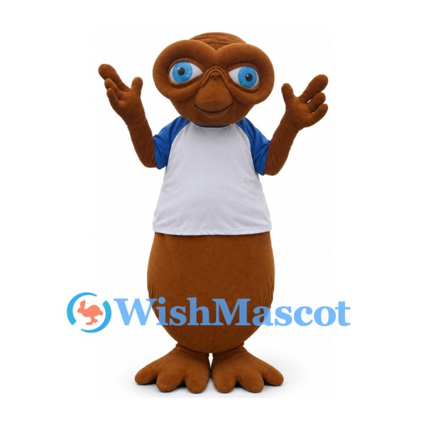Brown Alien Mascot Costume with Blue Eyes and White Shirt