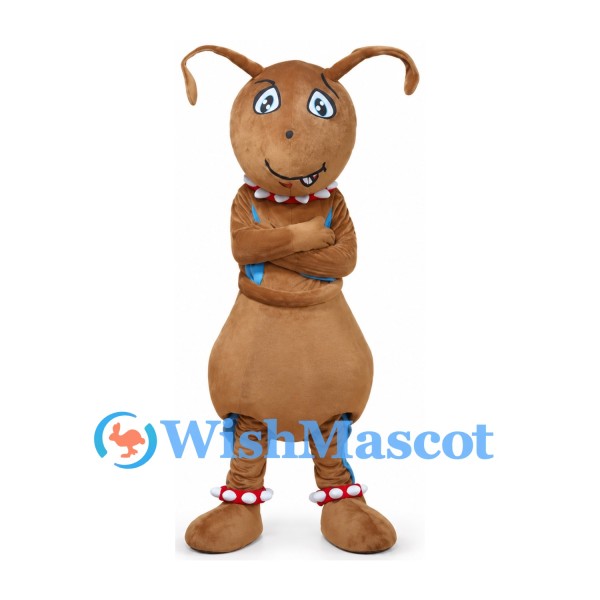 Brown Ant Mascot Costume with Blue Suspenders and Four Arms