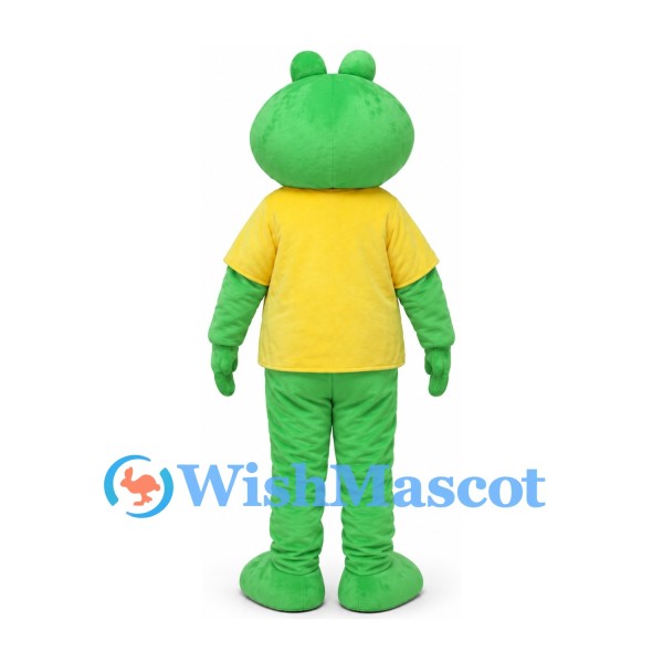Green Frog Mascot Costume with Yellow Shirt and White Muzzle