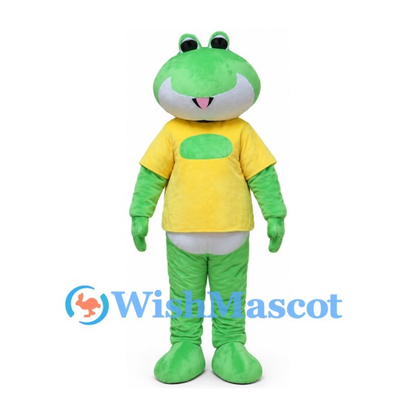 Green Frog Mascot Costume with Yellow Shirt and White Muzzle