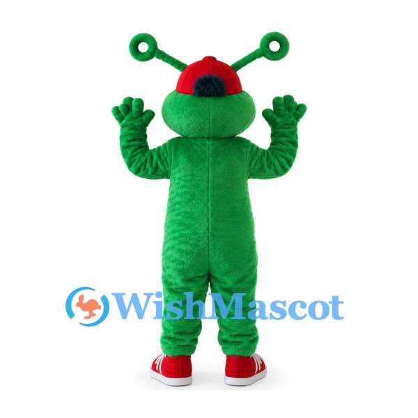 Green Alien Mascot Costume with Red Cap and Purple Sunglasses